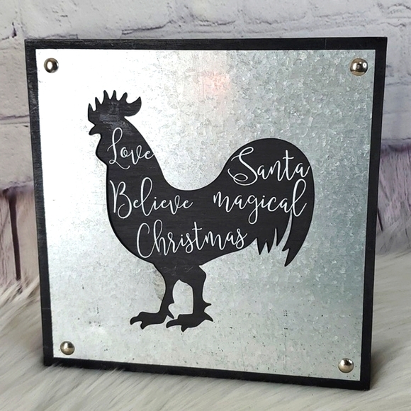 Country Christmas Galvanized Metal Chicken Rooster Xmas Farmhouse Decor 9"x9" - Picture 6 of 8